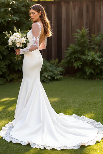 Ivory Simple Mermaid Square Neck Court Train Wedding Dress with Lace